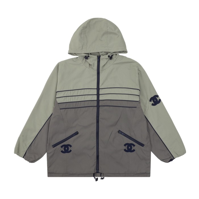 Chanel CC Embroidery Zip-Up Hooded Trench Jacket