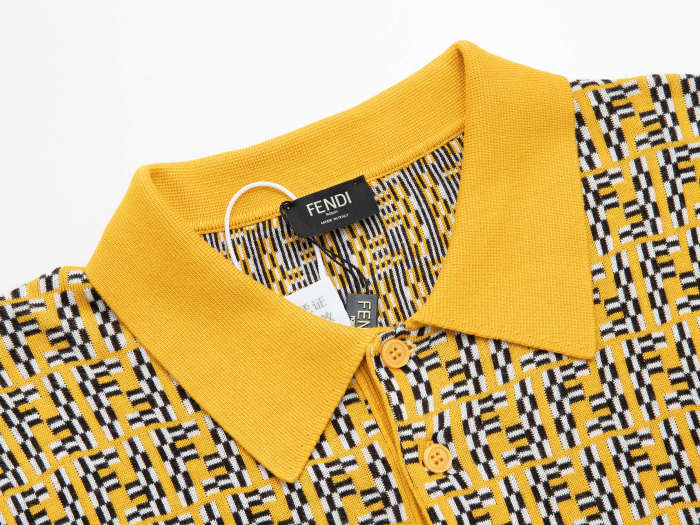 Fendi Light Yellow Logo Jacquard Polo Wool Sweater