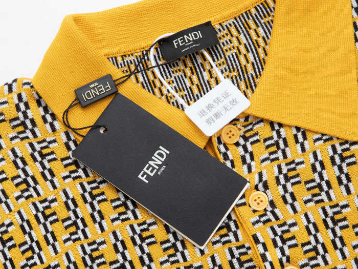 Fendi Light Yellow Logo Jacquard Polo Wool Sweater