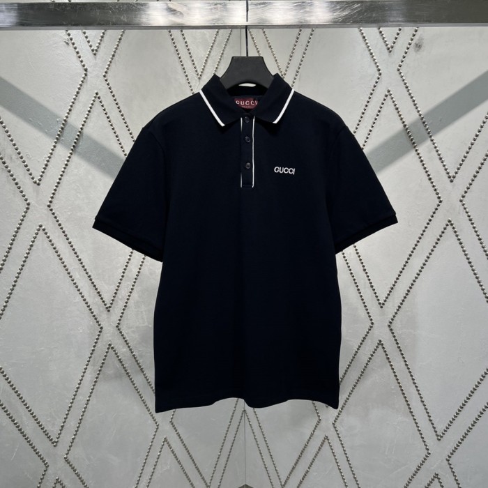 GUCCI Embroidered cotton piquet polo shirt in navy
