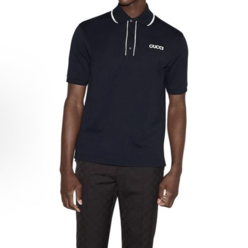 GUCCI Embroidered cotton piquet polo shirt in navy
