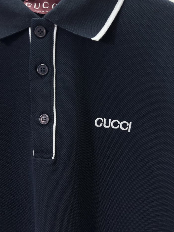 GUCCI Embroidered cotton piquet polo shirt in navy