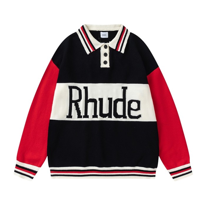 Rhude Black & Red Knit Logo Rugby Polo