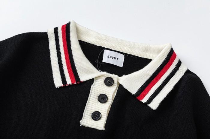 Rhude Black & Red Knit Logo Rugby Polo