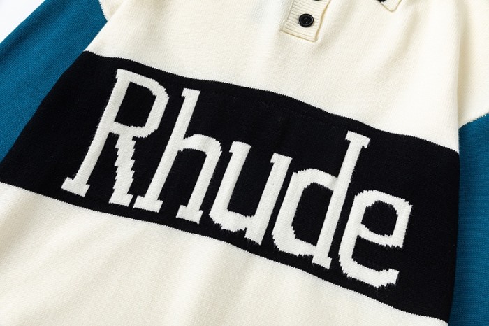 Rhude Off-White & Green Knit Logo Rugby Polo