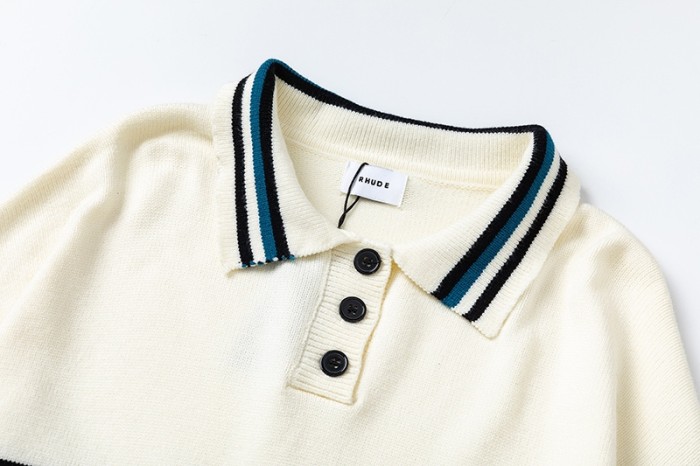 Rhude Off-White & Green Knit Logo Rugby Polo