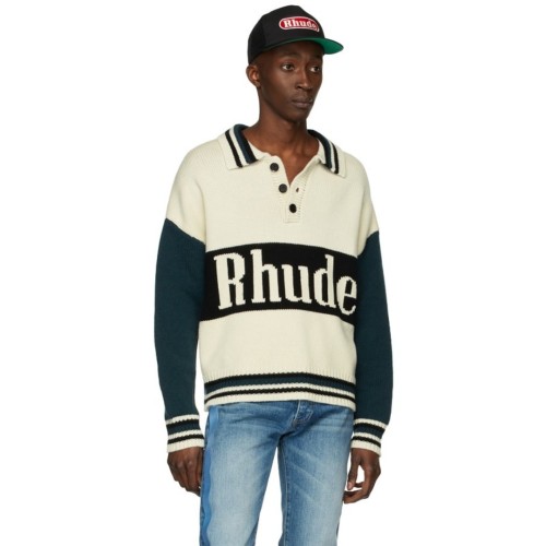 Rhude Off-White & Green Knit Logo Rugby Polo