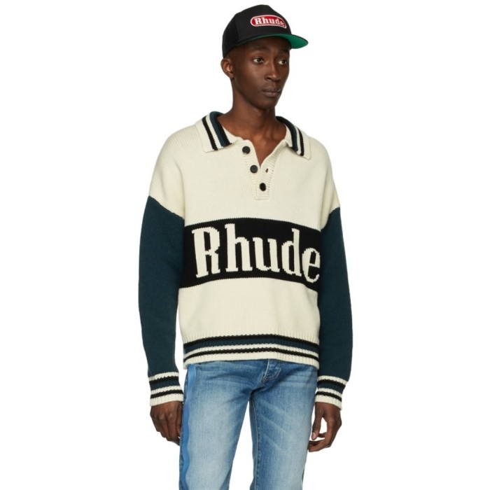 Rhude Off-White & Green Knit Logo Rugby Polo