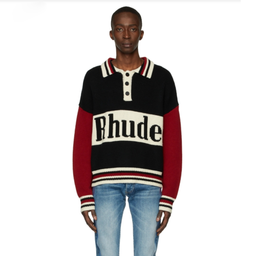 Rhude Black & Red Knit Logo Rugby Polo