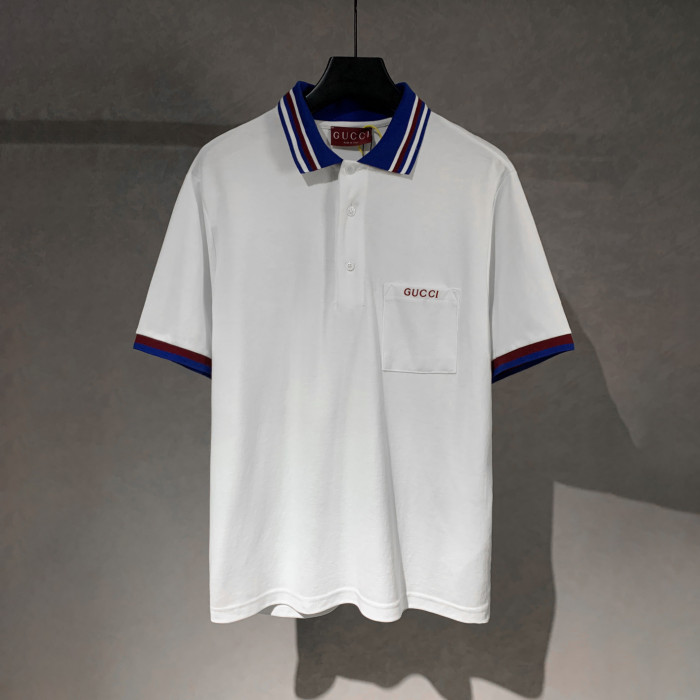 Gucci Cotton piquet polo shirt with intarsia in ivory and blue