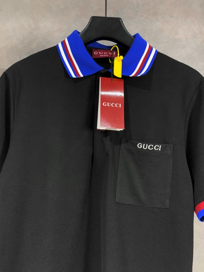 Gucci Cotton piquet polo shirt with intarsia in ivory and blue