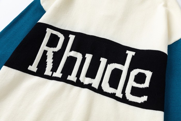 Rhude Off-White & Green Knit Logo Rugby Polo