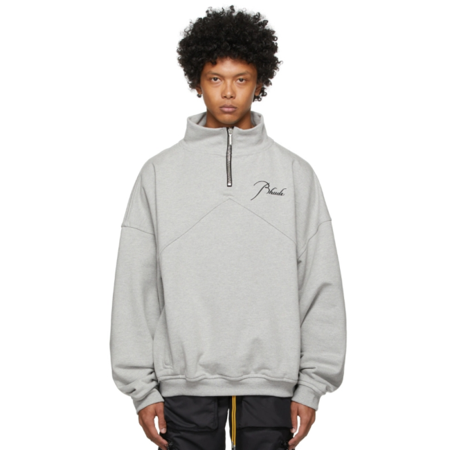 Rhude Grey Embroidered Quarter-Zip Sweater