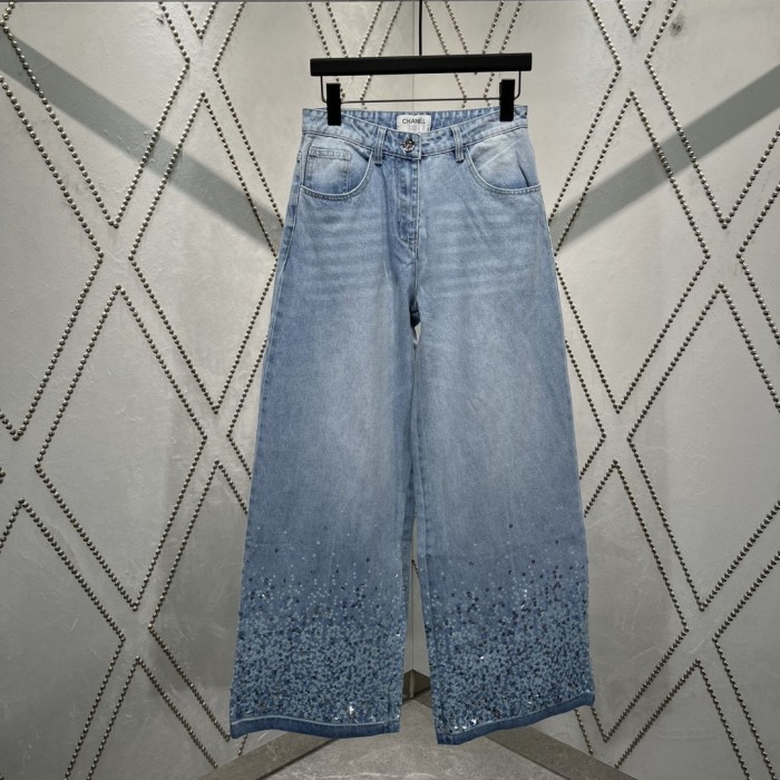 Chanel Jeans Washed Denim Embroidered with Sequins Blue