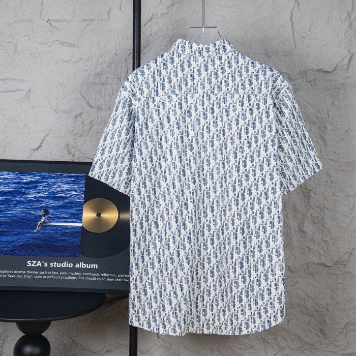 Dior Oblique Short-Sleeved Shirt White and Navy Blue Silk Twill