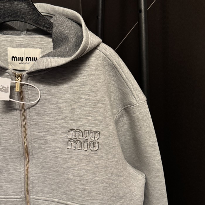 MiuMiu Logo Embroidered Patch Hooded Zip-up Sweatshirt