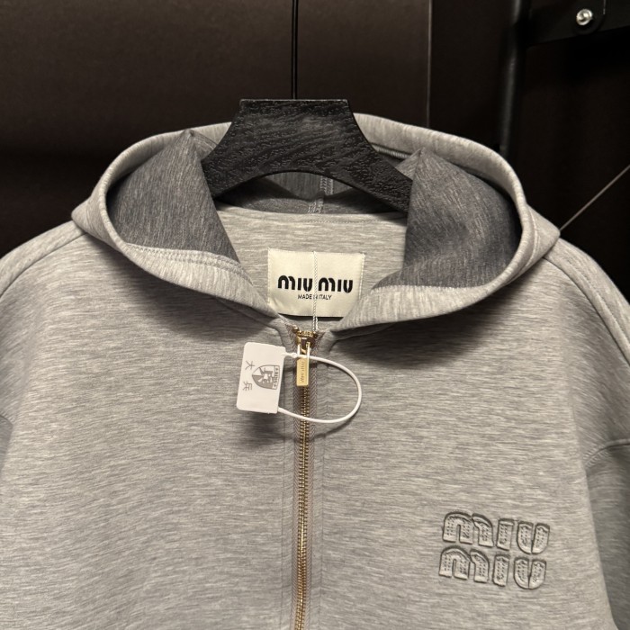 MiuMiu Logo Embroidered Patch Hooded Zip-up Sweatshirt