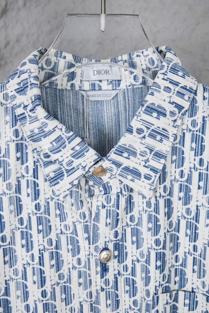 Dior Oblique Short-Sleeved Shirt White and Navy Blue Silk Twill