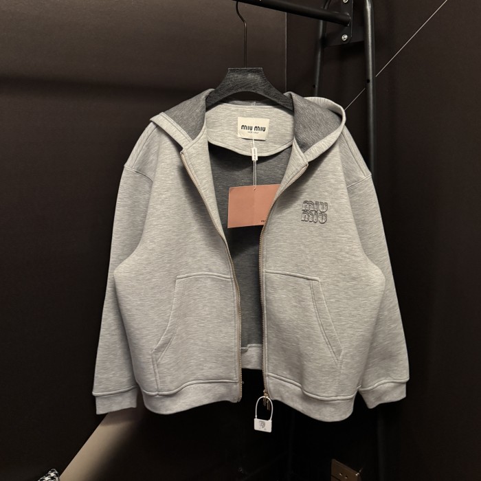 MiuMiu Logo Embroidered Patch Hooded Zip-up Sweatshirt