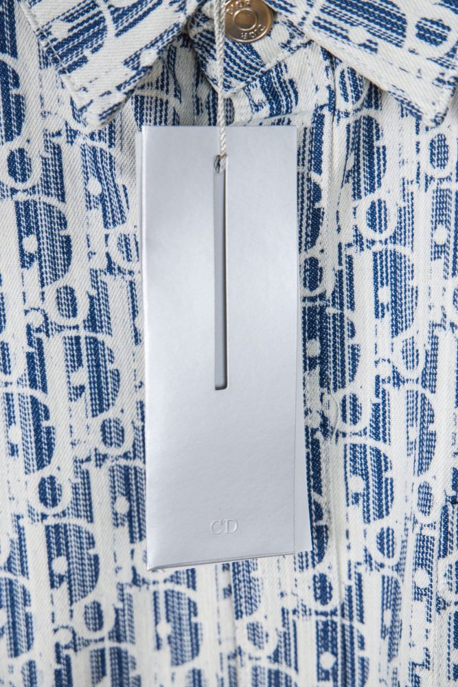 Dior Oblique Short-Sleeved Shirt White and Navy Blue Silk Twill