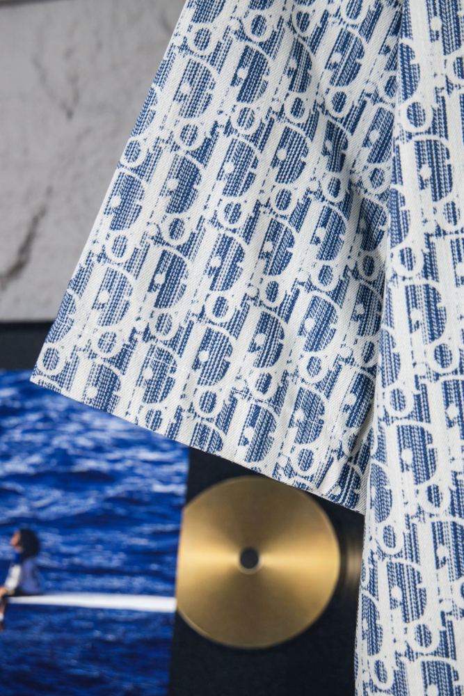 Dior Oblique Short-Sleeved Shirt White and Navy Blue Silk Twill