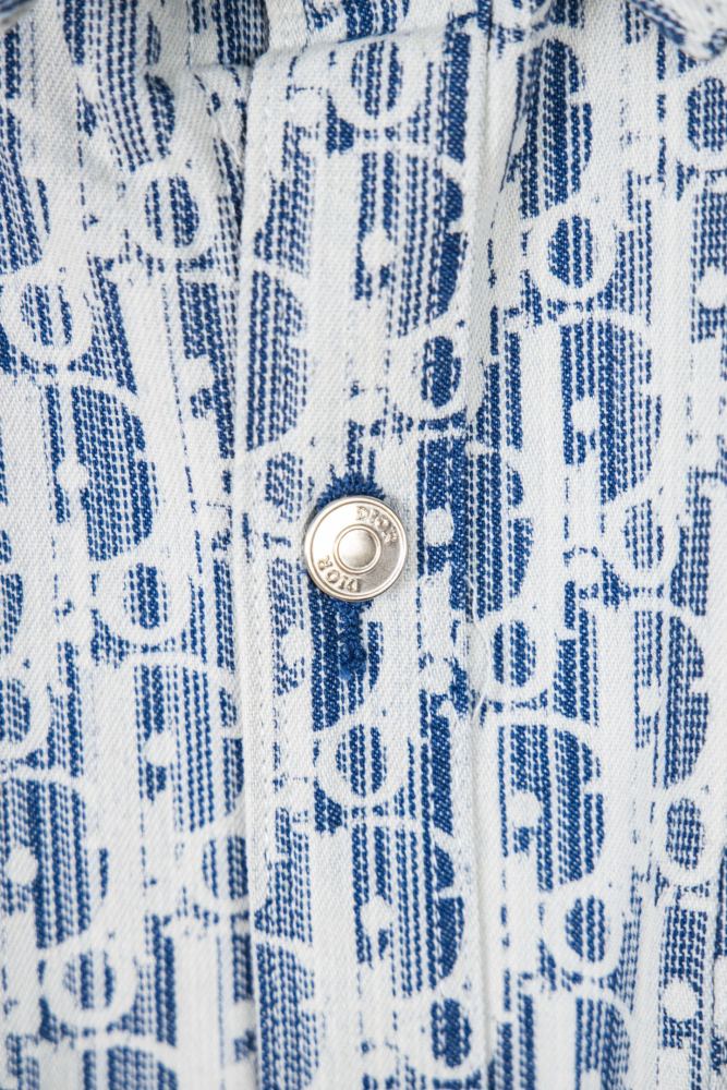 Dior Oblique Short-Sleeved Shirt White and Navy Blue Silk Twill