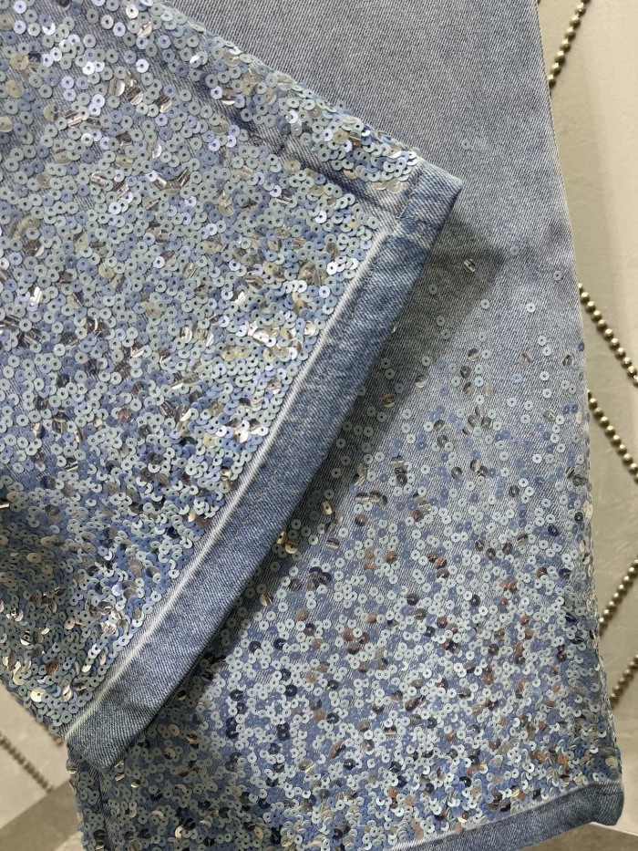 Chanel Jeans Washed Denim Embroidered with Sequins Blue
