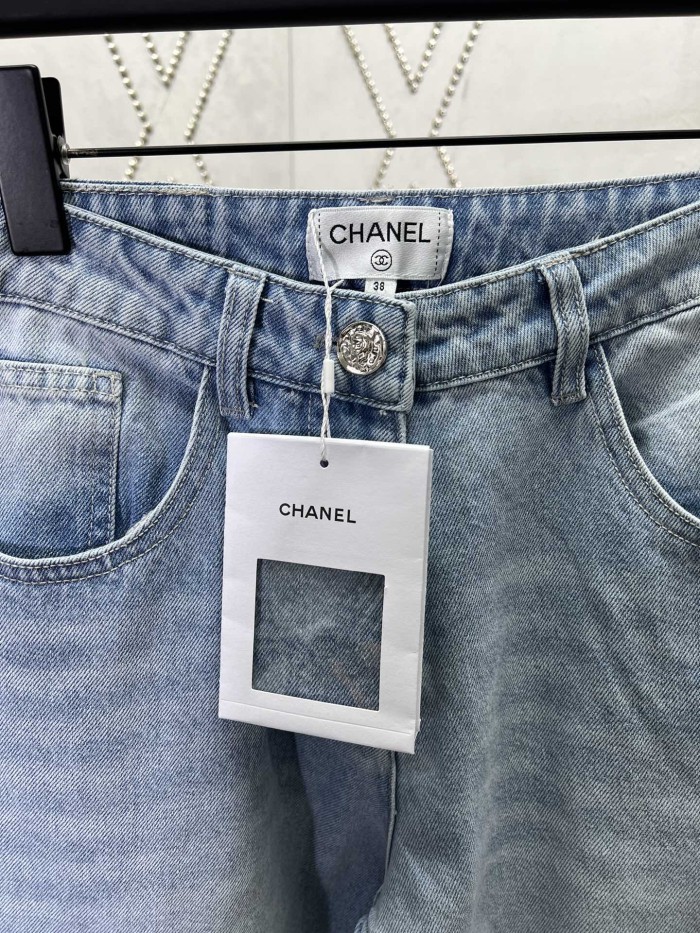 Chanel Jeans Washed Denim Embroidered with Sequins Blue