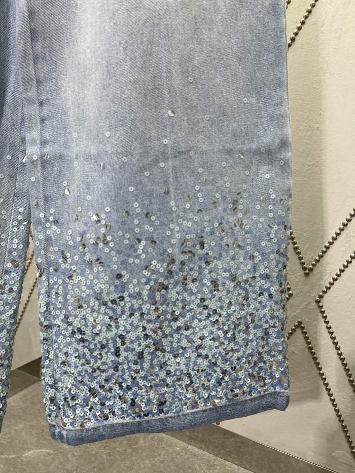 Chanel Jeans Washed Denim Embroidered with Sequins Blue