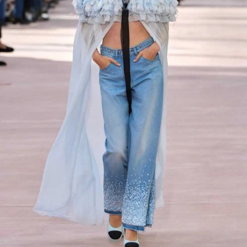 Chanel Jeans Washed Denim Embroidered with Sequins Blue