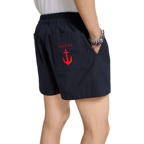 GUCCI Oxford cotton shorts with embroidery in navy