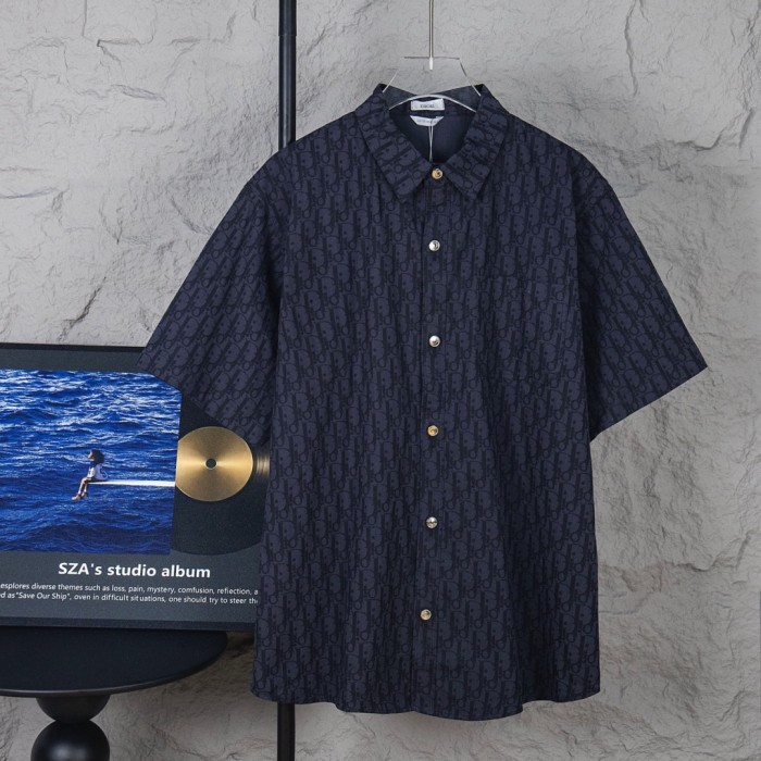 Dior Oblique Kasuri Cotton Denim Short-Sleeved Overshirt Navy Blue and Black