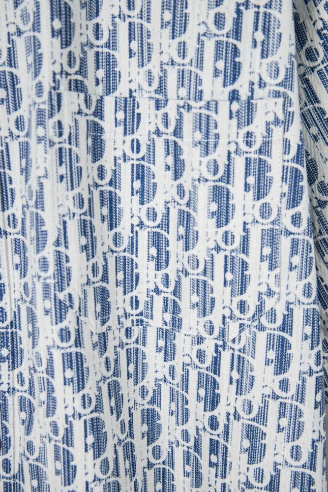 Dior Oblique Short-Sleeved Shirt White and Navy Blue Silk Twill