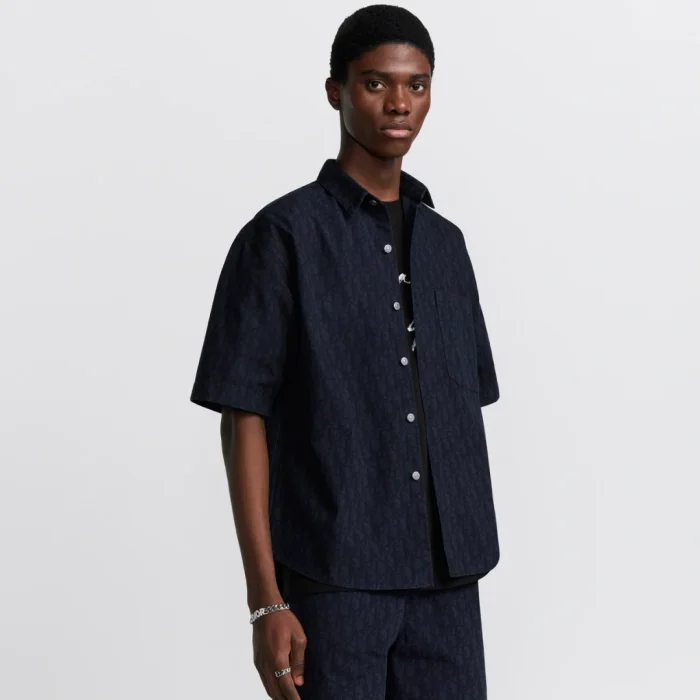 Dior Oblique Kasuri Cotton Denim Short-Sleeved Overshirt Navy Blue and Black