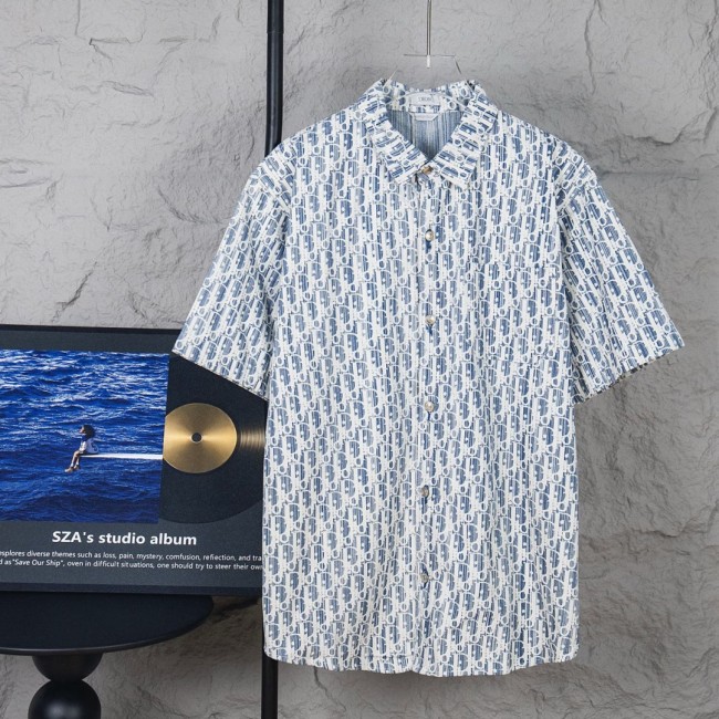 Dior Oblique Short-Sleeved Shirt White and Navy Blue Silk Twill