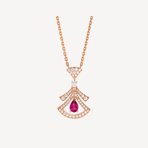 Divas' Dream necklace in 18 kt rose gold set with a pear-shaped rubellite, a round brilliant-cut diamond and pavé diamonds