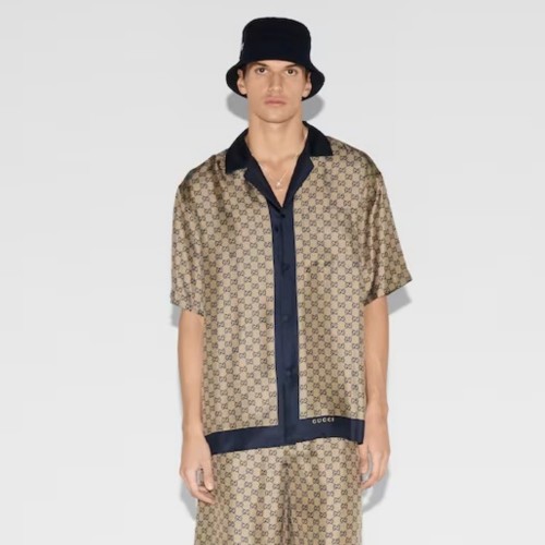 GUCCI Printed silk shirt in beige and blue