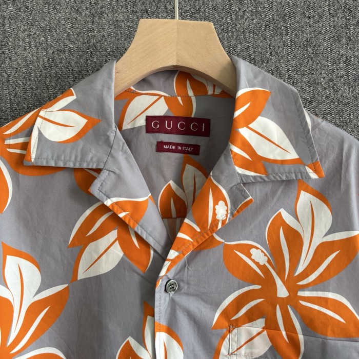 GUCCI Printed cotton poplin shirt in grey and orange