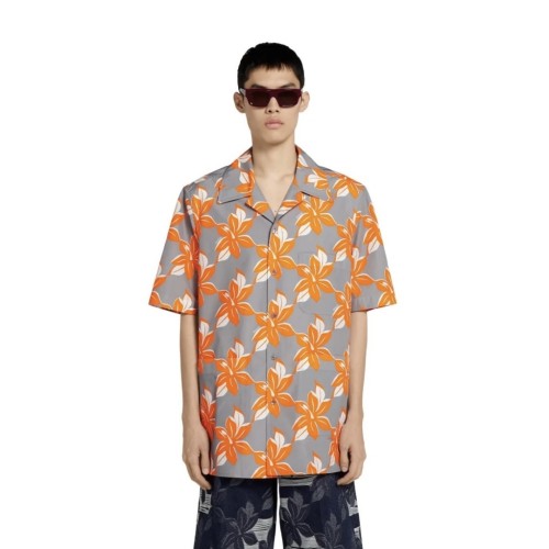 GUCCI Printed cotton poplin shirt in grey and orange