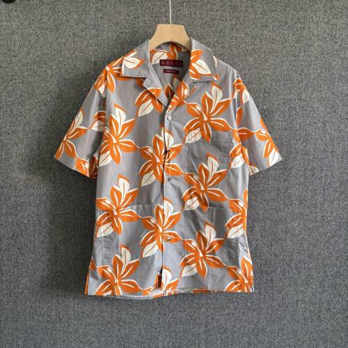 GUCCI Printed cotton poplin shirt in grey and orange