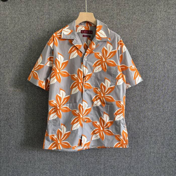GUCCI Printed cotton poplin shirt in grey and orange