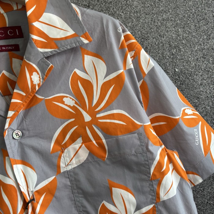 GUCCI Printed cotton poplin shirt in grey and orange