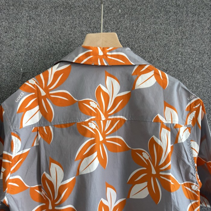 GUCCI Printed cotton poplin shirt in grey and orange