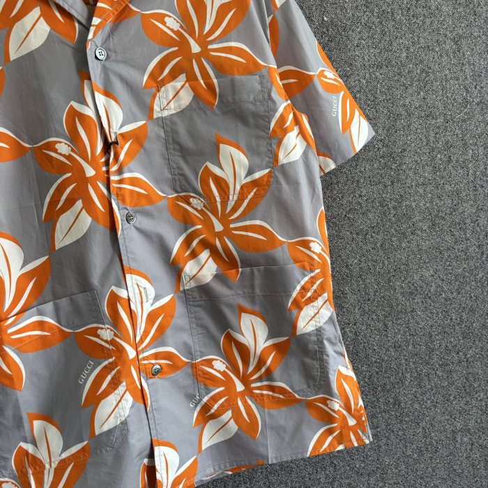 GUCCI Printed cotton poplin shirt in grey and orange