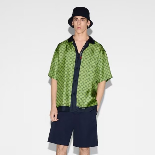 GUCCI Printed silk shirt in green and dark blue