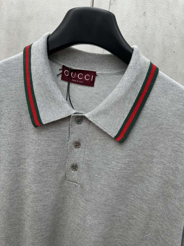 GUCCI Lamé knit polo shirt in silver