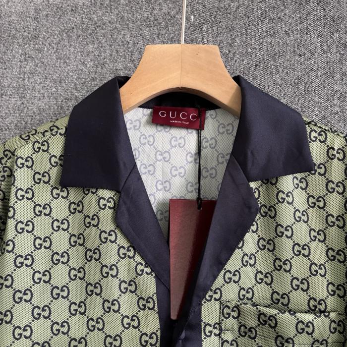 GUCCI Printed silk shirt in green and dark blue