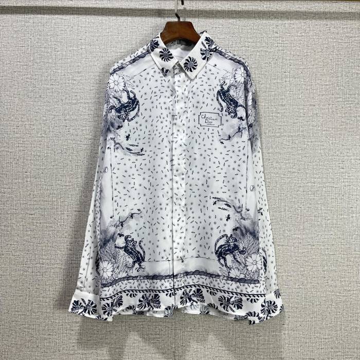 DIOR AND HYLTON NEL Shirt White and Navy Blue Silk Twill