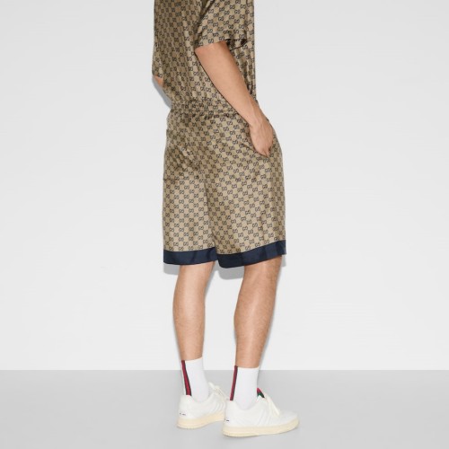 GUCCI Printed silk twill shorts in blue and beige