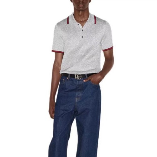 GUCCI Lamé knit polo shirt in silver